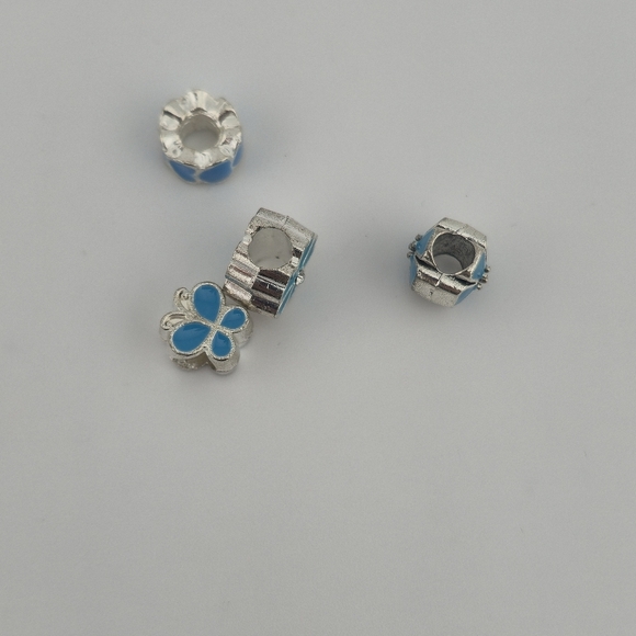Set of 4 Silver Tone Blue Enamel Flower European Charm Beads for Bracelets - Picture 2 of 4